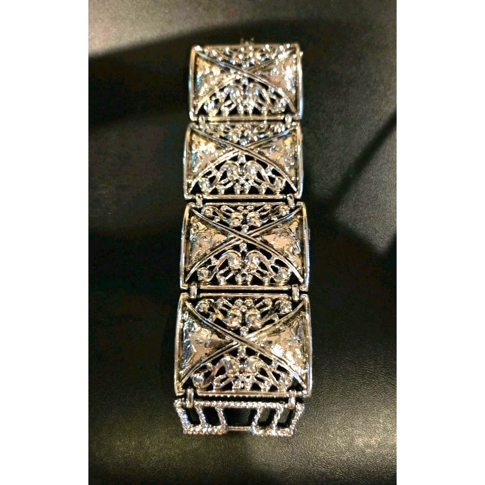 Silver Tone Panel Link Bracelet With Clasp - Art Deco Inspired- Vintage